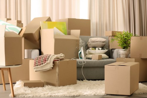 Clean and secure self storage unit with organized stacked boxes